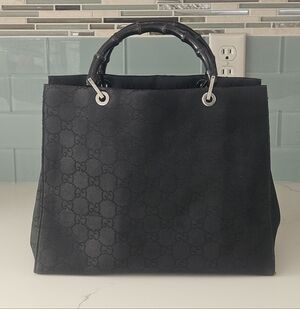 Authentic Gucci Black Monogram Tote Bamboo Wood Handles